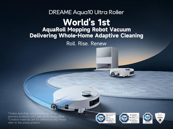 DREAME Aqua10 Ultra Roller Robot Vacuum and Mop & 30,000Pa Suction, Self-Cleaning Dock & Extending Roller Mop, Heat-Washes & Dries, Carpet Protection, AI Camera & LiDAR Avoidance Tech, Voice Control