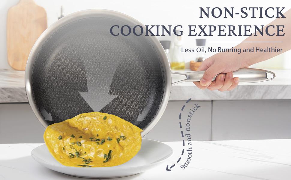 [BF&CM]Kitexpert 9.5/11 inch Stainless Steel Skillet Set, Non-stick Honeycomb Frying Pan, Omelette Pan With Lid,  Pots and Pans, Stainless Steel Cookware