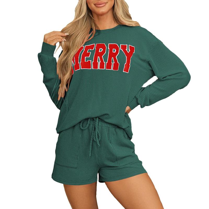 Znacicc Women's Christmas Fiery Red Corduroy Two Piece Outfits "JOLLY" Print Long Sleeve Top & Pants with Pockets Casual Winteroutfit Loungewear