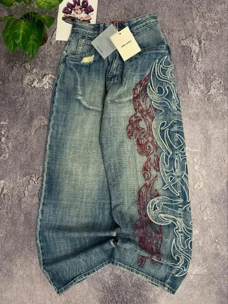 Men's & Women's Vintage Washed Wide-Leg Oversized Jeans with Tribal Embroidery - Distressed Loose Fit Y2K Aesthetic Pants, Mid-Rise Casual Wear Suitable for All-Season, Unisex Waist Harajuku Hip-hop Pants