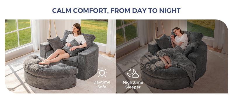 MAXYOYO Oversized Round Chaise Lounge Sofa, Upholstered Lounge Chair with 3 Pillows, Boneless Sofa Couch with Ottoman, Deep Seat Sleeper Chair for Living Room, Bedroom, No Assembly