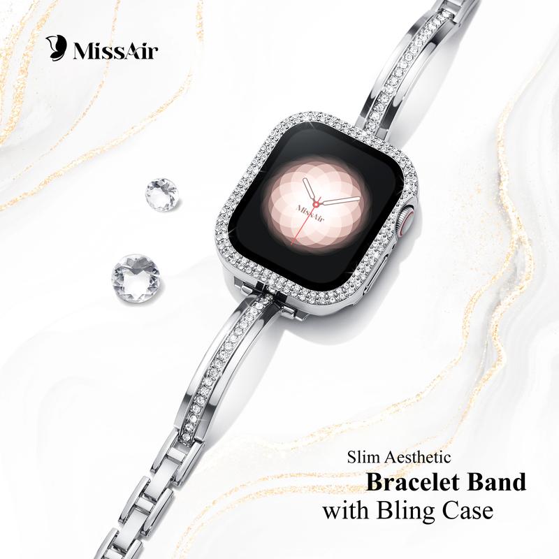 Missair Diamond Band & PC Cover Case Compatible with Apple Watch Series 10-1 SE Ultra - Slim Metal Adjustable Bracelet Protection Wearable Accessories