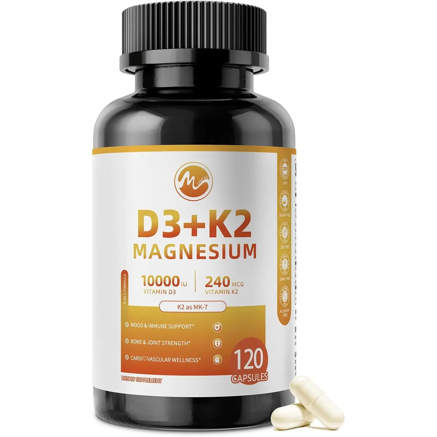 Vitamin D3 K2 with Magnesium, Vitamin D3 10000 IU, K2 MK-7 240 mcg | 6-in-1 K2 D3 Vitamin Supplement for Bone, Immune & Mood Support, Highly Bioavailable, for Women and Men, 120 Capsules