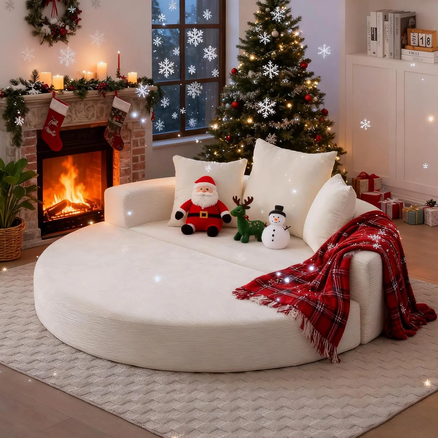 Circular Convertible Compressed Sofa Bed, Corduroy Floor Lounge Boneless Couch, Loveseat Sleeper Sofa Couch with 3 Cushions, No Assembly for Apartment, Bedroom, Living Room