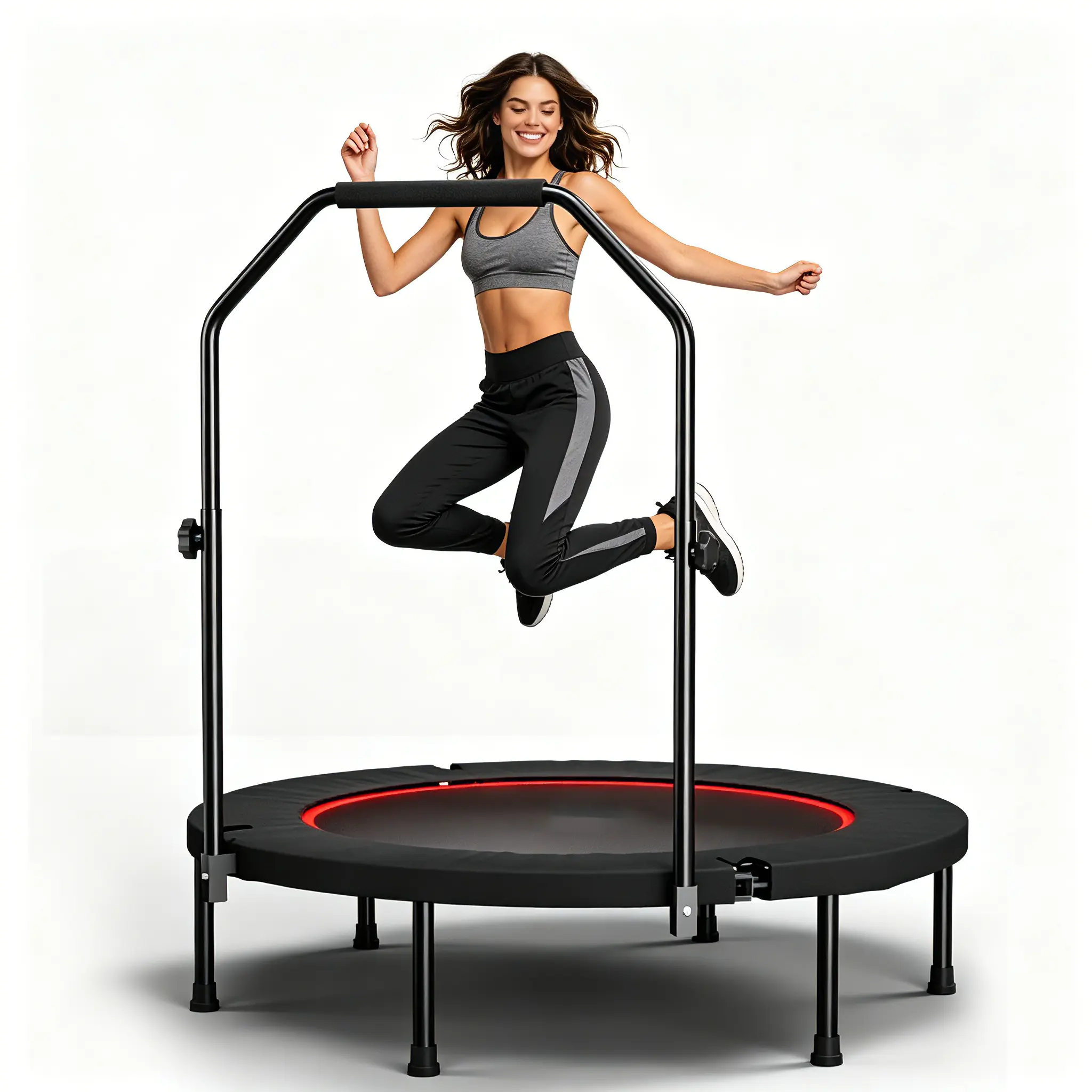 40" Foldable Unisex Rebounder Trampolines for Adults, 440LBS Capacity Stainless Steel Fitness Trampoline Indoor with Adjustable Handle, Quiet Indoor Use Home Workout Equipment for Cardio & Jump Training, Default