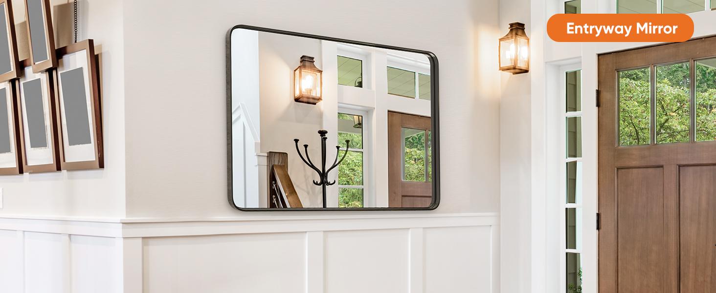 Rounded Rectangle Mirror Black Metal Framed Bathroom Vanity Mirror for Restroom Farmhouse Anti-Rust Tempered Glass Horizontally or Vertically Hanging