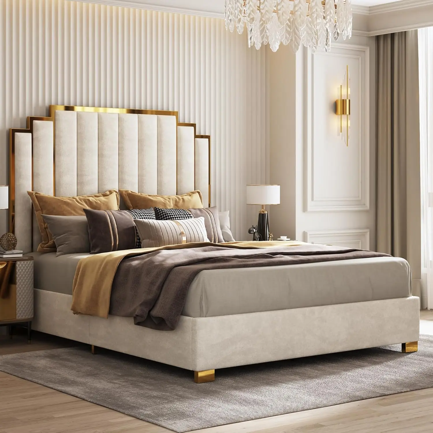 AMERLIFE Bed Frame with 65" Headboard, Upholstered Platform Bed with Golden Plating Trim, Modern Luxury Bed Frame, No Box Spring Needed/No Mattress/Queen/King/Best Gift Ideas/Christmas Gifts[tiktokshopbacktoschool][SohoChic]