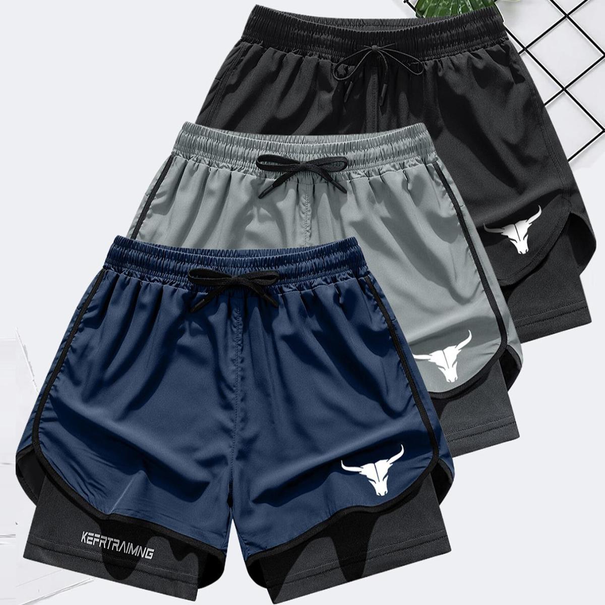 Men's Letter & Bull Head Print 2 in 1 Double Layer Drawstring Waist Gym & Casual Shorts, Regular Fit Comfortable Breathable Quick Drying Anti Exposure Pocket Shorts for Gym Workout, Running & Daily Wear, Men's Bottoms for Summer