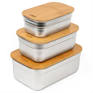 Calm Organics Stainless Steel Food Storage Containers with Bamboo Cutting Board Lids 3 Piece Reusable Meal Prep Lunch Box Set Leak Proof Airtight Eco Friendly BPA Free Plastic Free Dishwasher Safe Durable Bento Snack Boxes 2 4 6 Cup Sizes