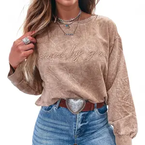 Asvivid Women's Saved by Grace Letter Embroidery Mineral Wash Soft Loose-Fit Long Sleeve Sweatshirt Pullover, Stylish Womenswear Tops for Casual Wear