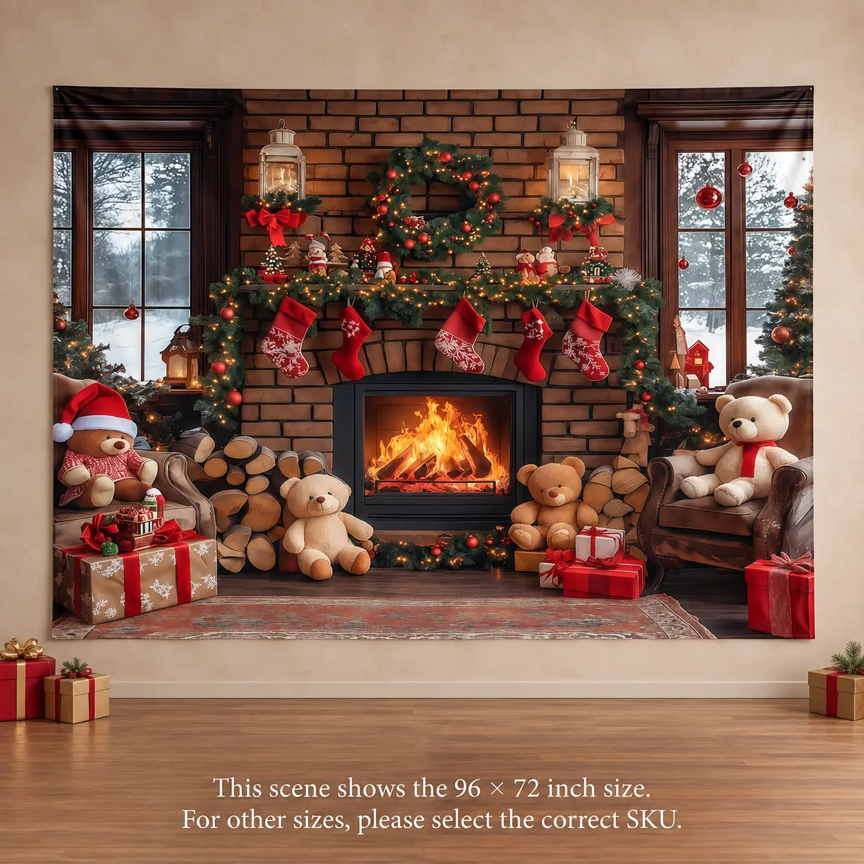 Christmas Fireplace Backdrop with Teddy Bears and Stockings - Polyester Holiday Photo Banner