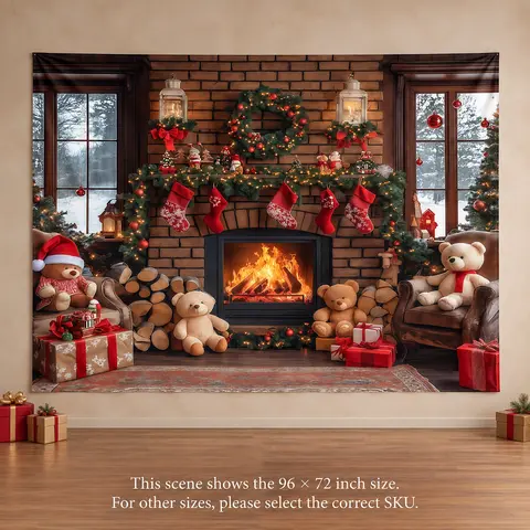 Christmas Fireplace Backdrop with Teddy Bears and Stockings - Polyester Holiday Photo Banner
