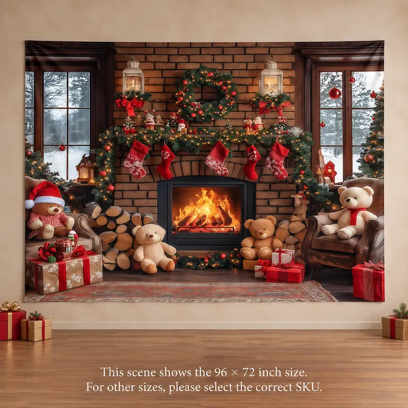 Christmas Fireplace Backdrop with Teddy Bears and Stockings - Polyester Holiday Photo Banner