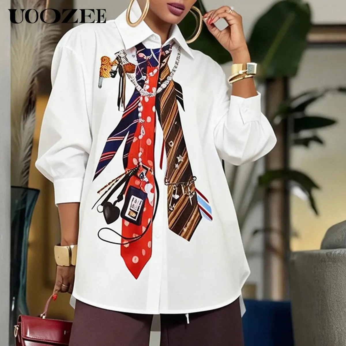 UOOZEE Women's Graphic Tie-Print Blouse, Chic Oversized Button-Down with 3/4 Puffed Sleeves, Lightweight Polyester Fabric for Work & Street Style, Fashion, Camisole, Blazer, Beach, Casual, Fashion Apparel, Plus Size Fashion