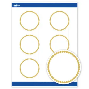 Avery Printable Round Labels, 3" Diameter, Matte White, Pre-printed Gold Beads Design, Sure Feed Technology, Laser & Inkjet Compatible, 120 Total, Great for Product Merchandising