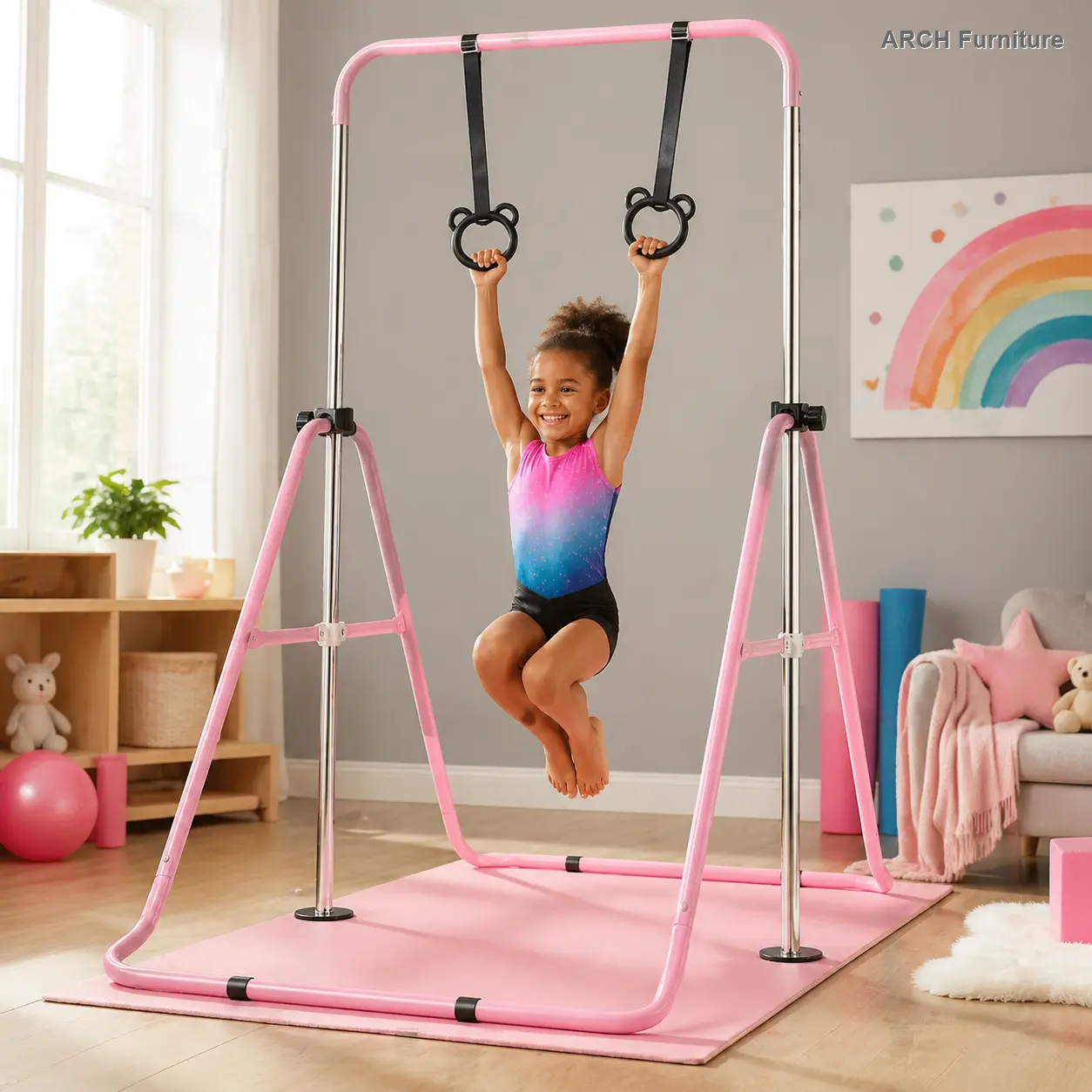 Pink Adjustable-Height Children's Horizontal Gymnastics Bar with Bear Rings, Multi-Functional Gymnastic Equipment for Indoor Home Gym/Playroom, Sturdy Steel Frame, Easy Assembly
