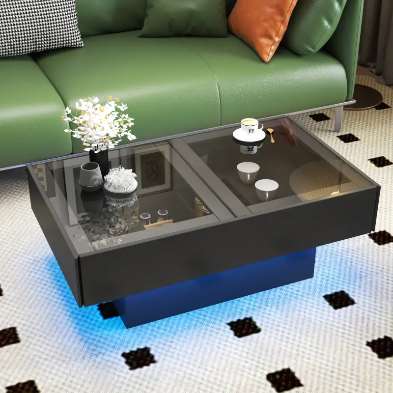 Modern Coffee Table, Rectangular Wood Living Room Center Table with Sliding Tabletop, Hidden Particle Board Storage Compartment, Extendable Design