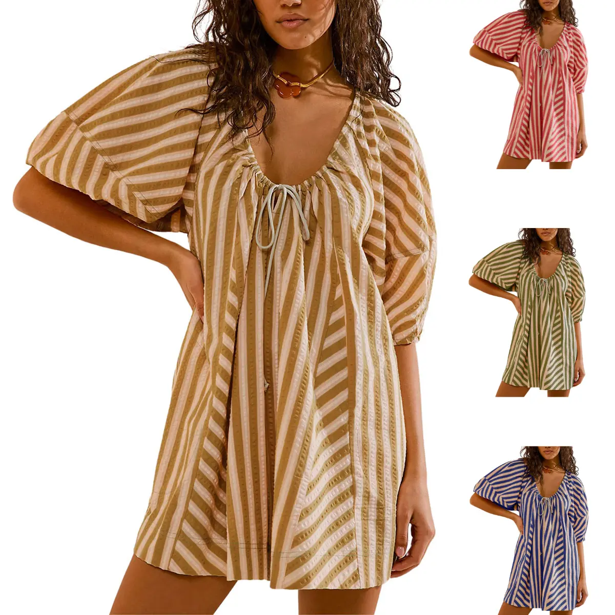 UANEO Womens Striped Romper Casual Loose Puff Sleeve Wide Leg Jumpsuit Overall with Pockets SummerVibes