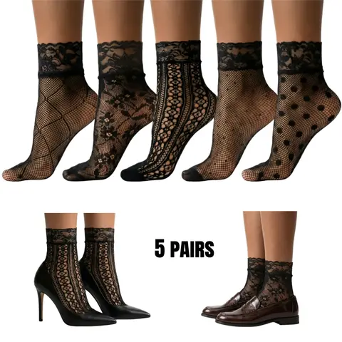 Women's 5-Pair Black Graphic Seamless Nylon Lace Ankle Tube Socks - Breathable, Lightweight, Hollow Mesh Fishnet Underwear, Comfortable, Elegant Geo Design for Casual Women, Day Wear