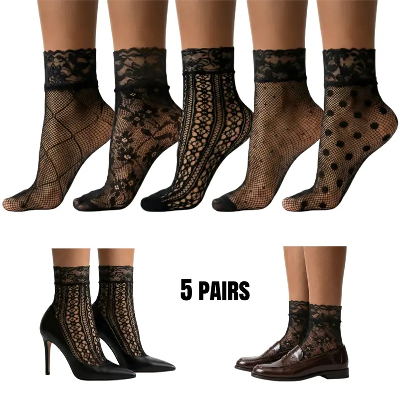 Women's 5-Pair Black Graphic Seamless Nylon Lace Ankle Tube Socks - Breathable, Lightweight, Hollow Mesh Fishnet Underwear, Comfortable, Elegant Geo Design for Casual Women, Day Wear