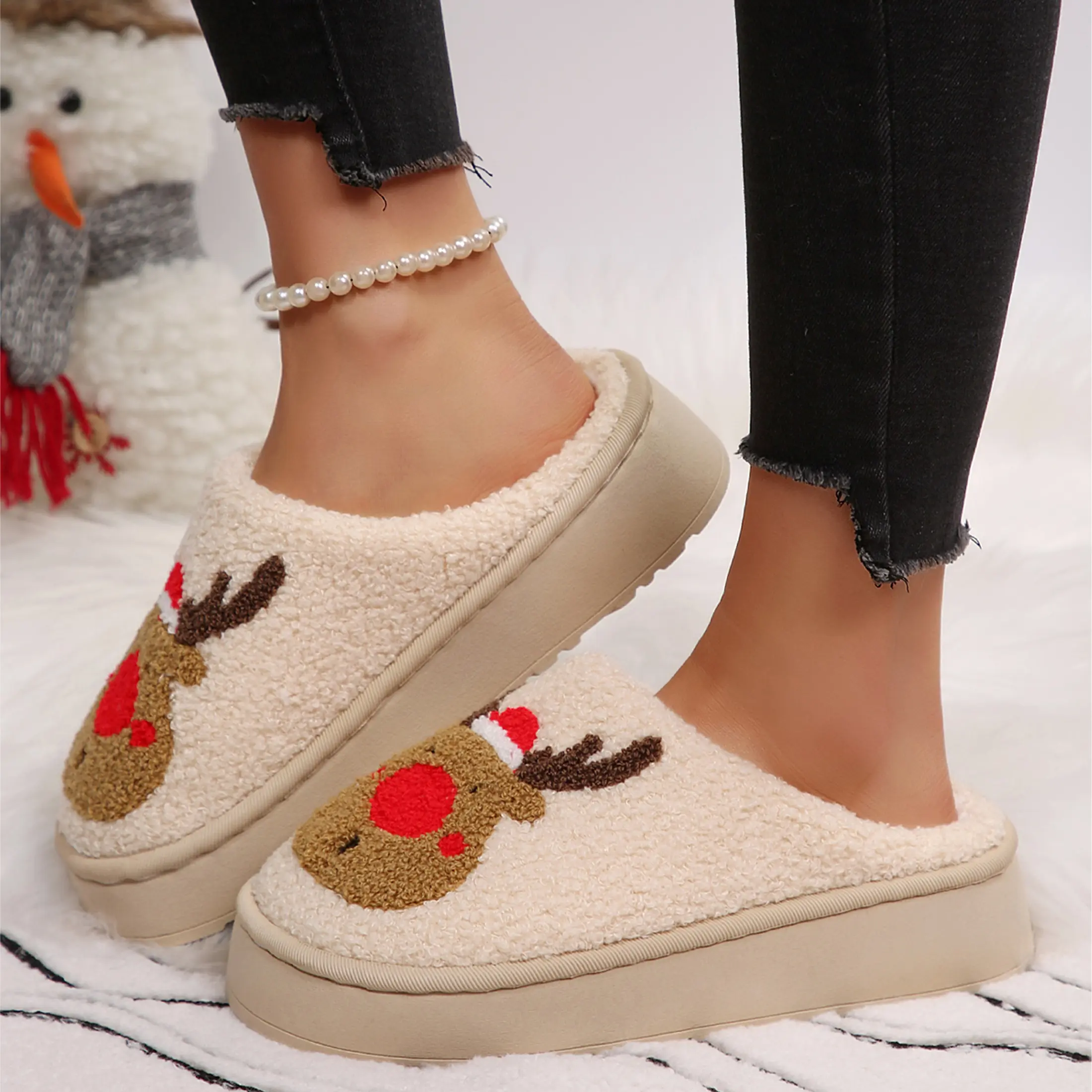 Women's Christmas Reindeer Platform Slippers Fuzzy Plush Winter House Shoes