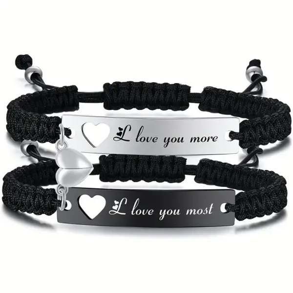 Couple's Bracelet Set, Romantic Woven Rope Love Message Jewelry with "I Love You More/Most" Engraving, Adjustable Gift for Girlfriend, Love Message Bracelet, Perfect Gift For Couples