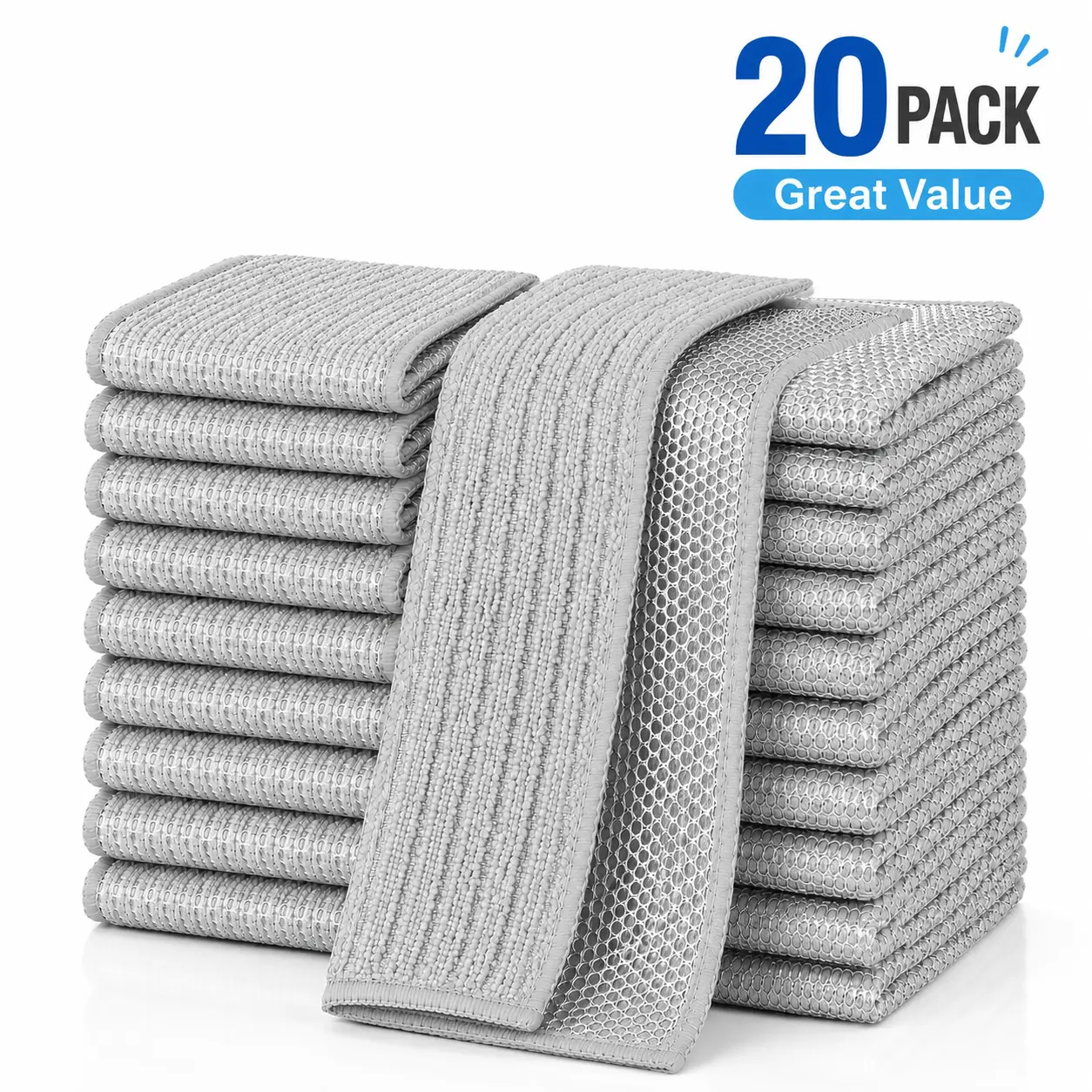 Basic Dual-Sided Wire Dishwashing Rags (10/20 Pack) - 7.9 x 7.9 Inches Double-Layer Non-Scratch Stainless Steel Mesh Cloths, Fast Water Absorb, Long-Lasting Reusable for Dishes, Pots, Nonstick Pans Protection, Stripe Design, Spot Clean Compatible