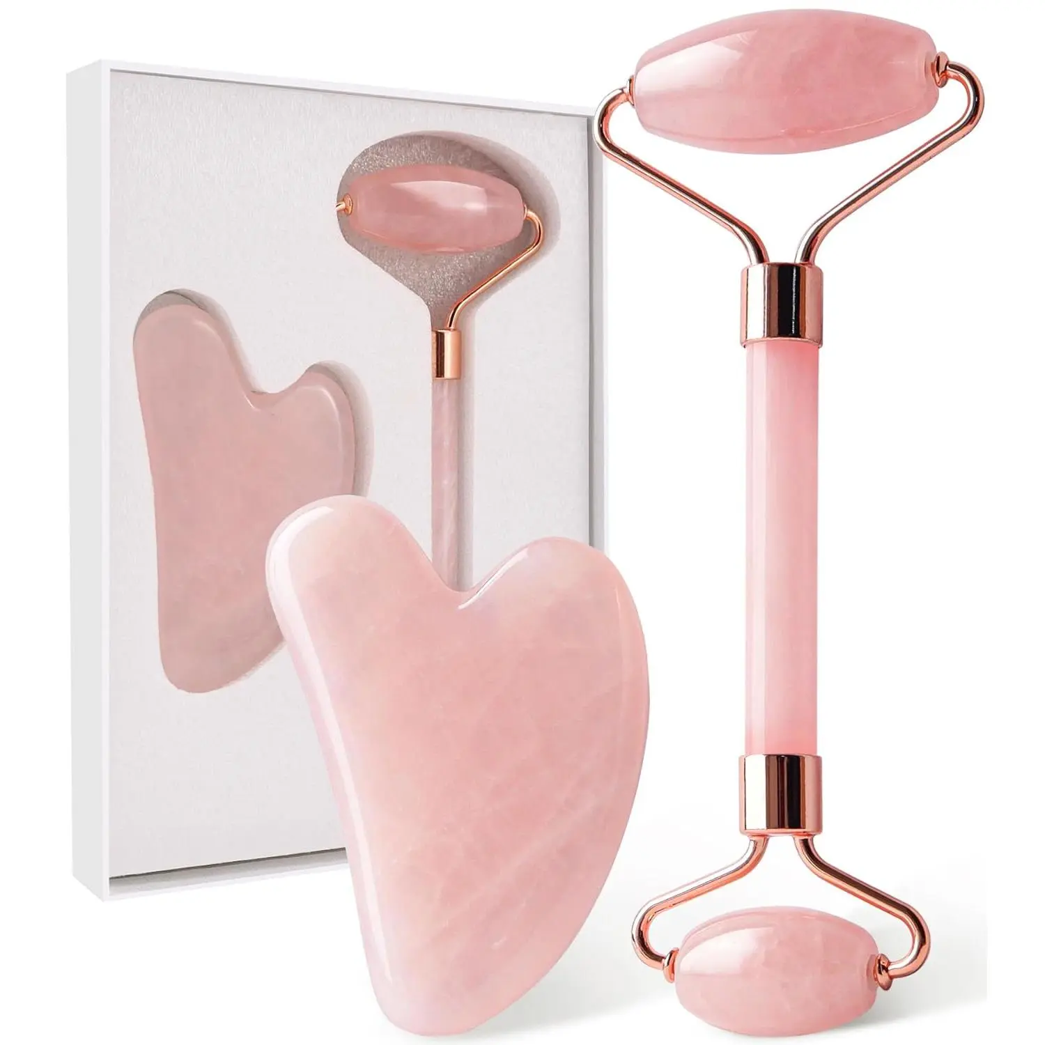 Gentle Rose Quartz-Jade Crystal Facial Roller-Gua Sha Pair, Lymphatic Drainage Massager with ASMR Blend, Selfie Accessory for Mobile Phones, Gift for Adults-Wife, Self-Care Prep Tool, Friends, Mom