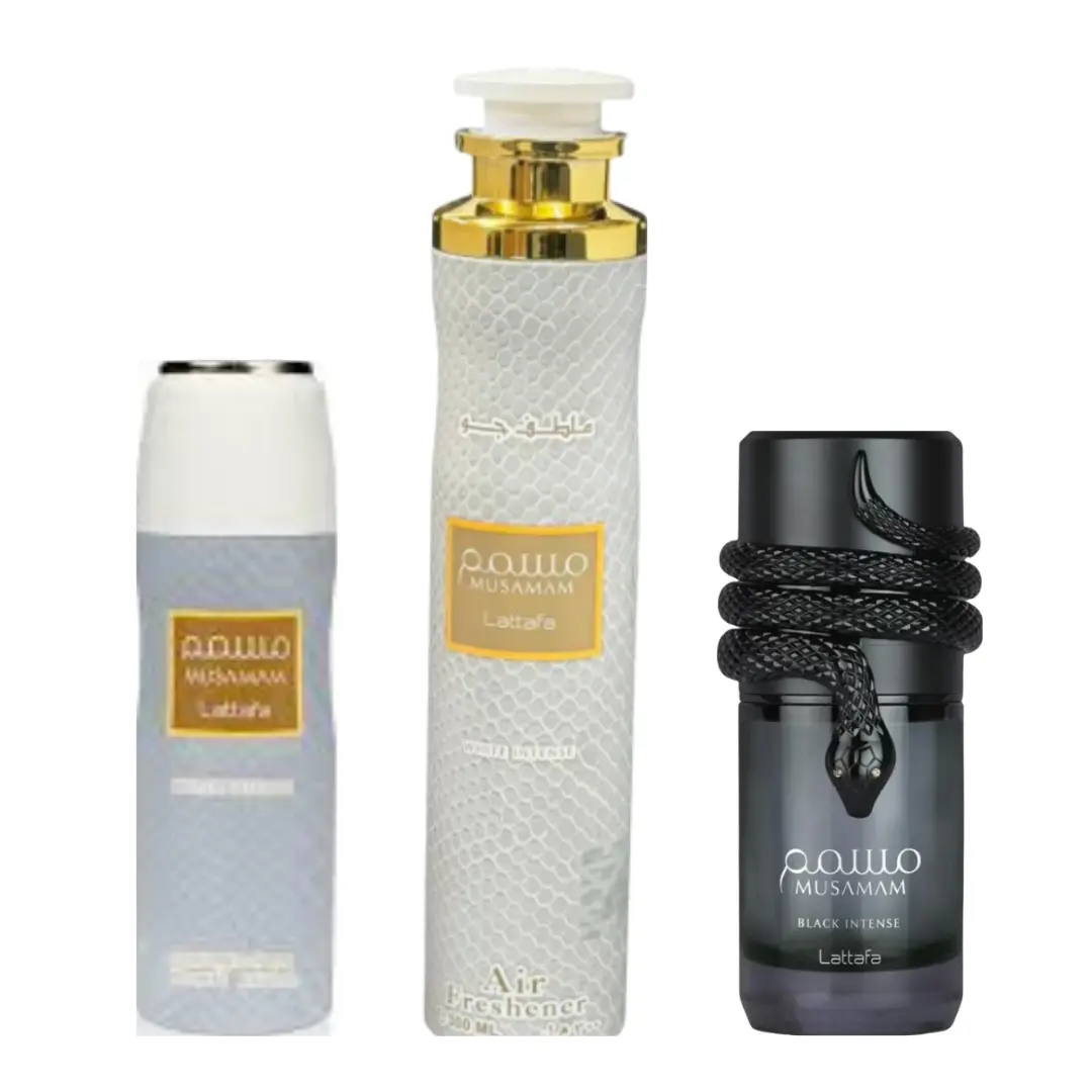 Lattafa Unisex 3-Piece Body Care Bundle Set - Smooth Bright Deodorant Bottle, Citrus Floral Jasmine Air Freshener, Intense Black Musk Fragrance Item (No Redundant Additives)