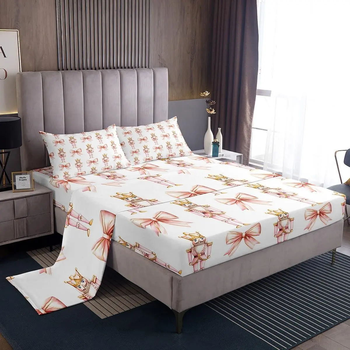 Cartoon Nutcracker Sheet,Pink Bowknot Romantic Princess Bedding Set,Women Room Decor,Ballet Merry Christmas Bow Tie Dreamy Bed Sheet Set (Fitted + Flat + Pillowcases)