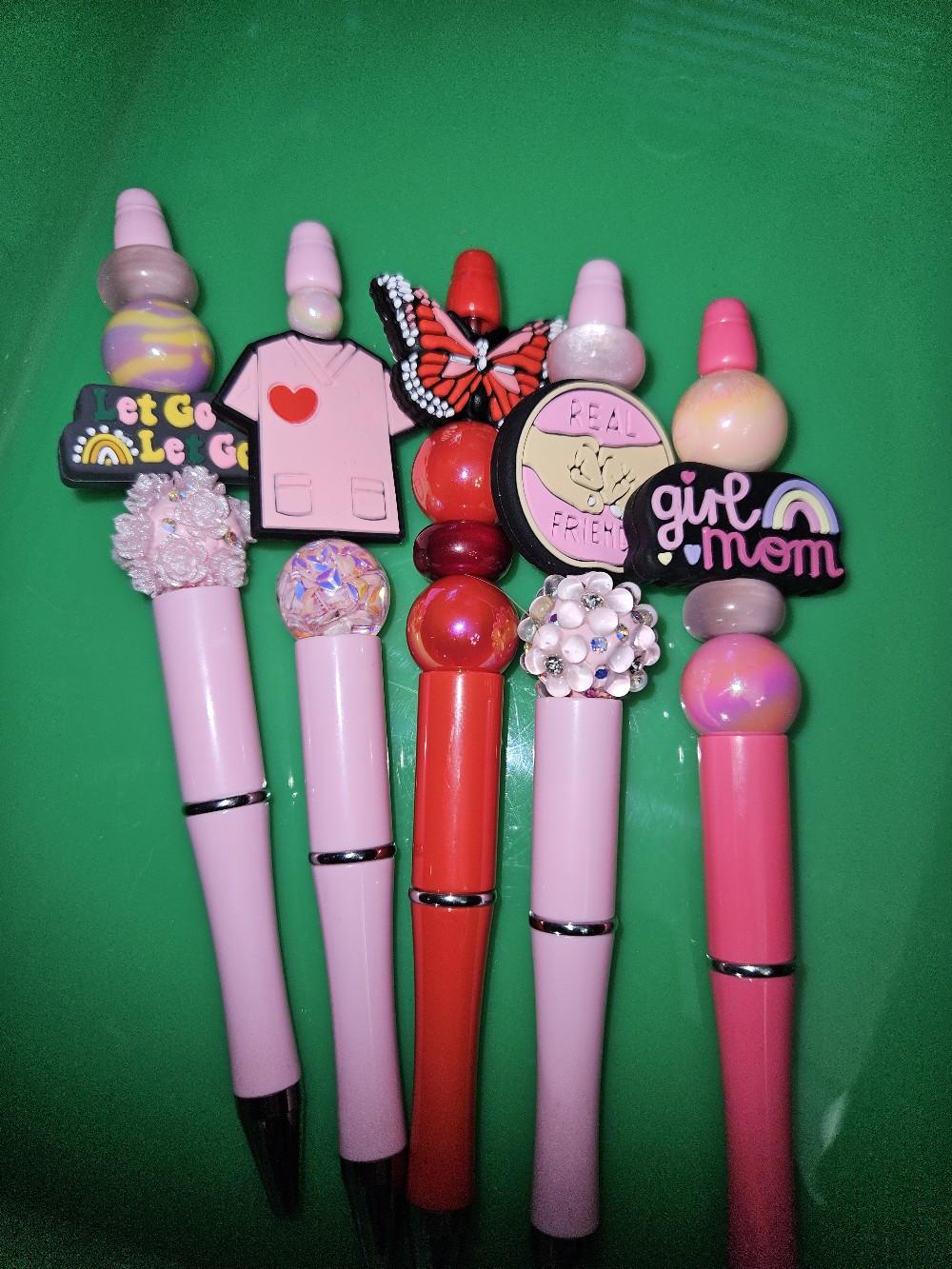 beaded pen sale was $5.00 each now only $2.50 for each beaded pen. In lives only or one will be sent random. blank ink. blowout price. plastic and metal plus silcon. amazing pens. diy beaded pens.
