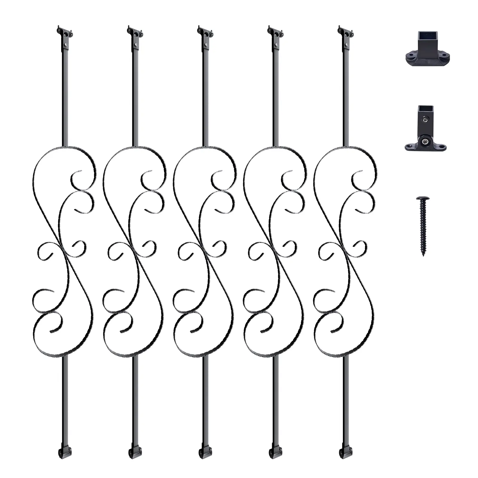 VEVOR 5-Pack 44in x 0.5in Galvanized Steel S-Shape Staircase Balusters, Powder Coated Hollow Satin Black Spiral Railing with 10 Shoes & 20 Screws, Simple Installation Home Improvement Supplies for Design