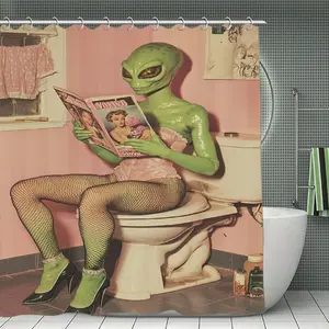 Funny Alien Reading Magazine Shower Curtain, Retro Pink Bathroom Decor, Waterproof Fabric Bath Curtain 72",Novelty Green Alien Toilet Scene Shower Curtain