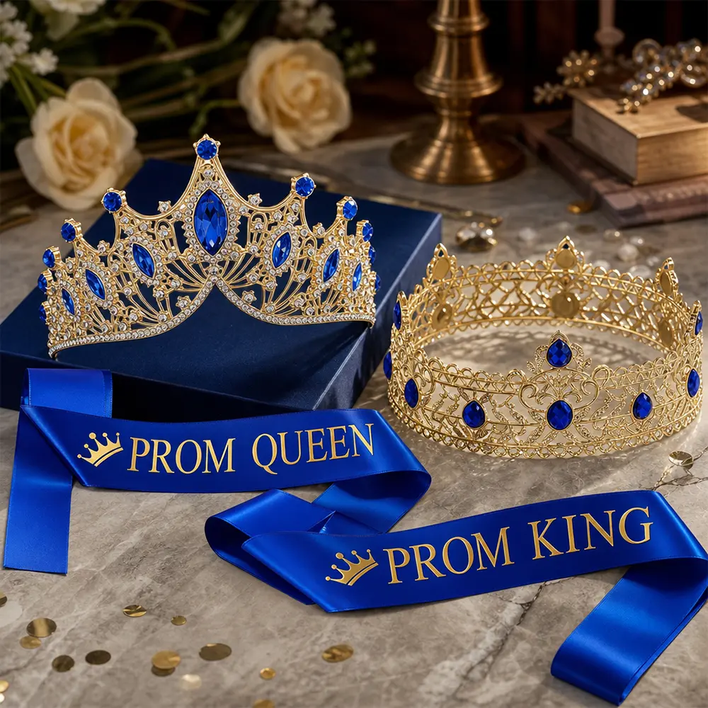 Prom King and Queen Crown Sash Set, Gold Crowns with Blue Rhinestone, Prom Queen & Prom King Satin Sashes, Costume Accessory Kit for School Graduation Party Homecoming Evening Ceremony