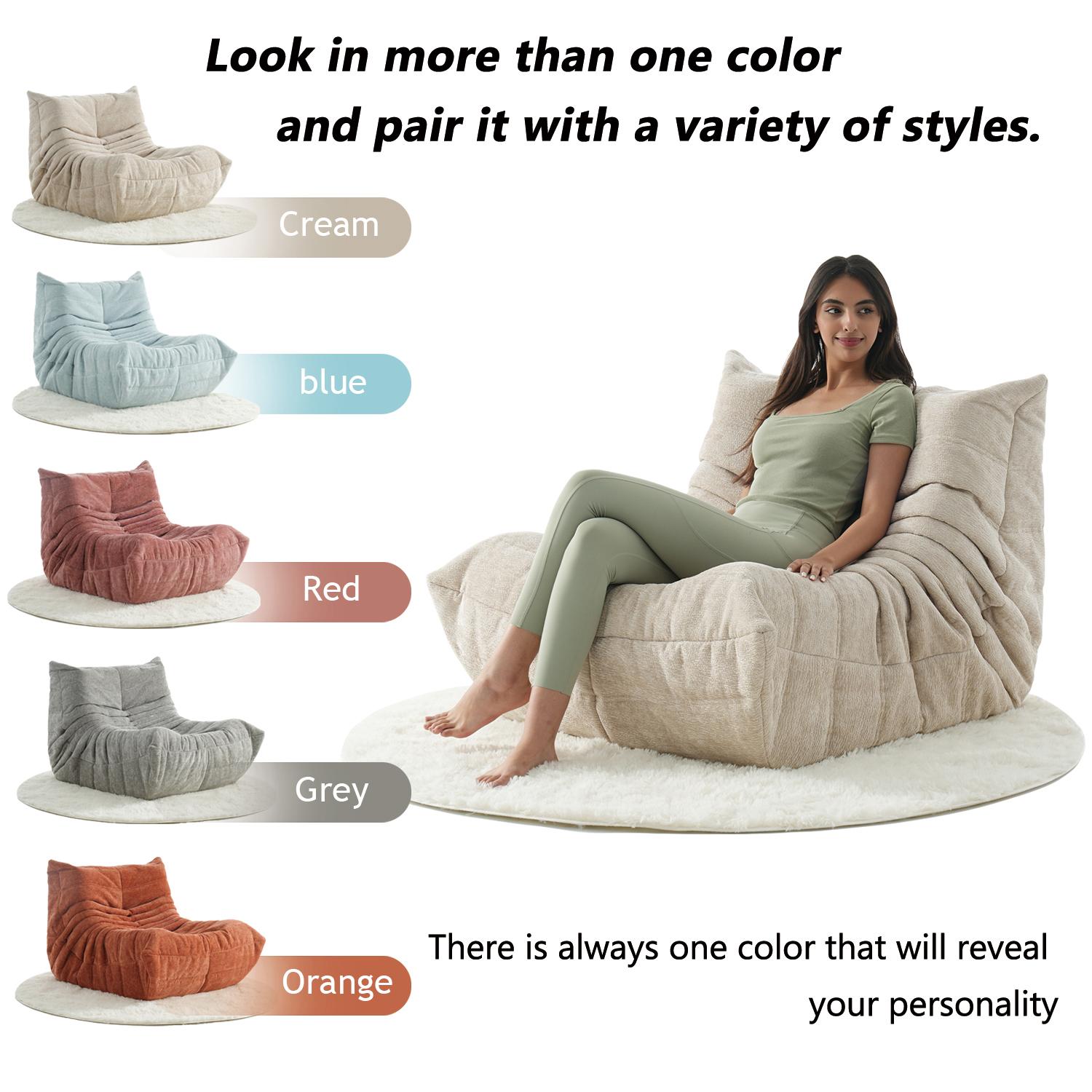 Togo Sofa Caterpillar Bean Bag Chair Chenille Fabric 1 Seater Memory Foam Lounger Upholstered Couch Free 5FT Carpet Modern Comfy Living Room Furniture