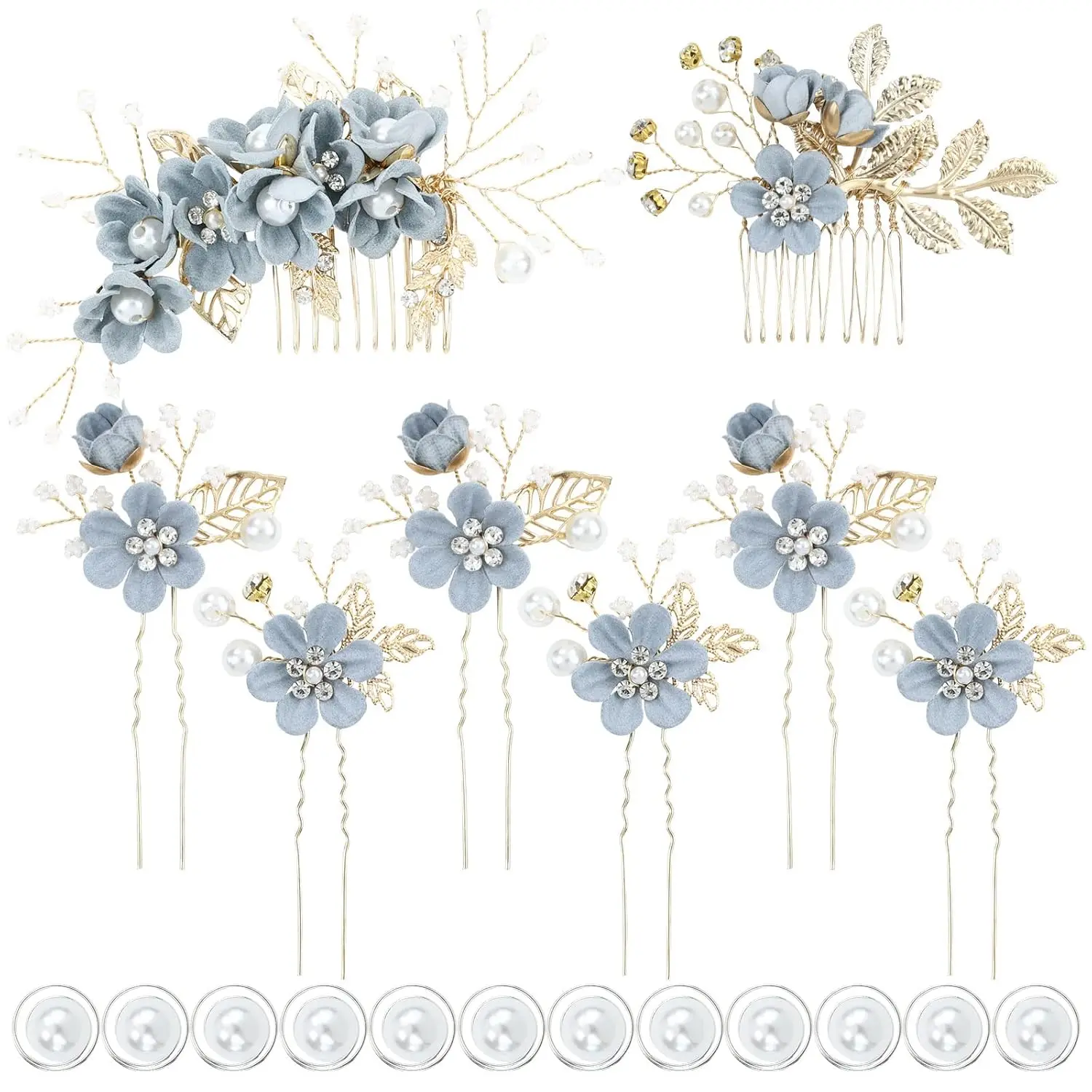 20 Pack Classy Dusty Blue Flower Bridal Wedding Hair Side Combs+Floral Hair Pins+Twist Spiral Pearl Hair Pins Clips Pieces Formal Prom Headpieces Accessories for Brides Bridesmaids Women Girls Tiara