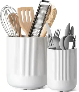 Utensil Holder for Kitchen Counter, 7.3"+5.4" Fluted Ceramic Utensil Crock Organizer for Countertop, Heavy Large Holder for Spatulas, Spoons, Set of 2, White, Kitchen Counter Decor