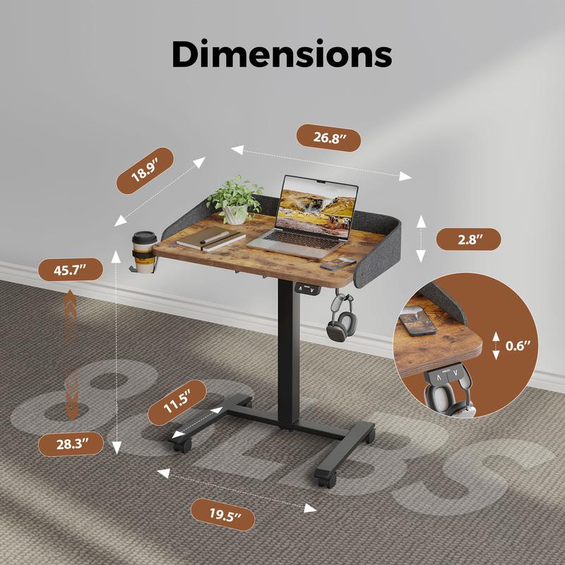 Mobile Standing Desk with Wheels & Felt Pane 26.8" x 18.9",  Adjustable Rolling Desk with Cup Holder Hook Space Saving Sit Stand Portable for Home Office Bedside Couch Use