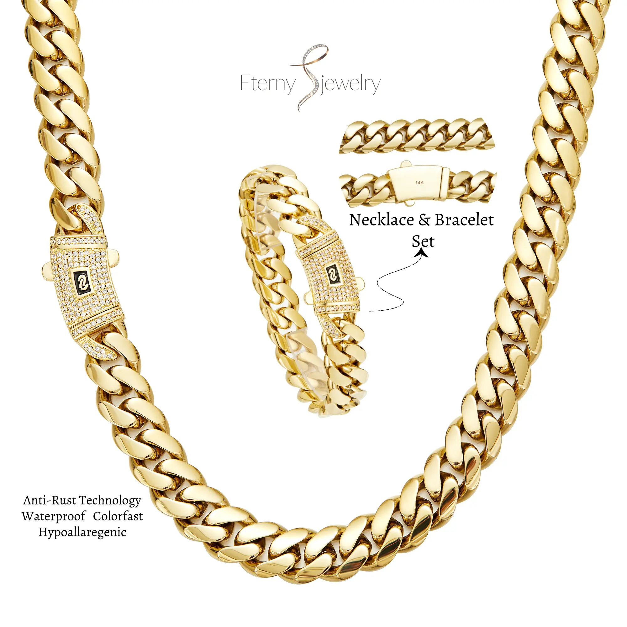 [New Set] 14K Real Gold-Plated Cuban Necklace & Bracelet New Anti-Rust Technology Timeless Shine Comfortable to Wear and Non-Allergic Waterproof Sweatproof 6-14mm Sizes The best gift for men and women Perfect Gift men's jewelry Balanced Everyday Length
