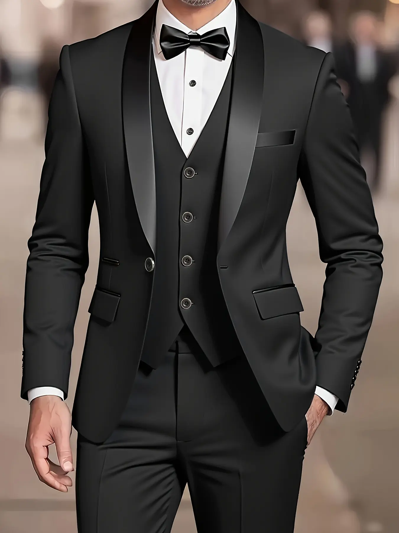 Men's 3pcs Suit - Slim Fit Tuxedo Set for Weddings & Formal Occasions, Black Suit with White Shirt & Pants, Perfect for Office Meetings and Events, Formal Attire, Business Suits Set, Durable Wedding Wear