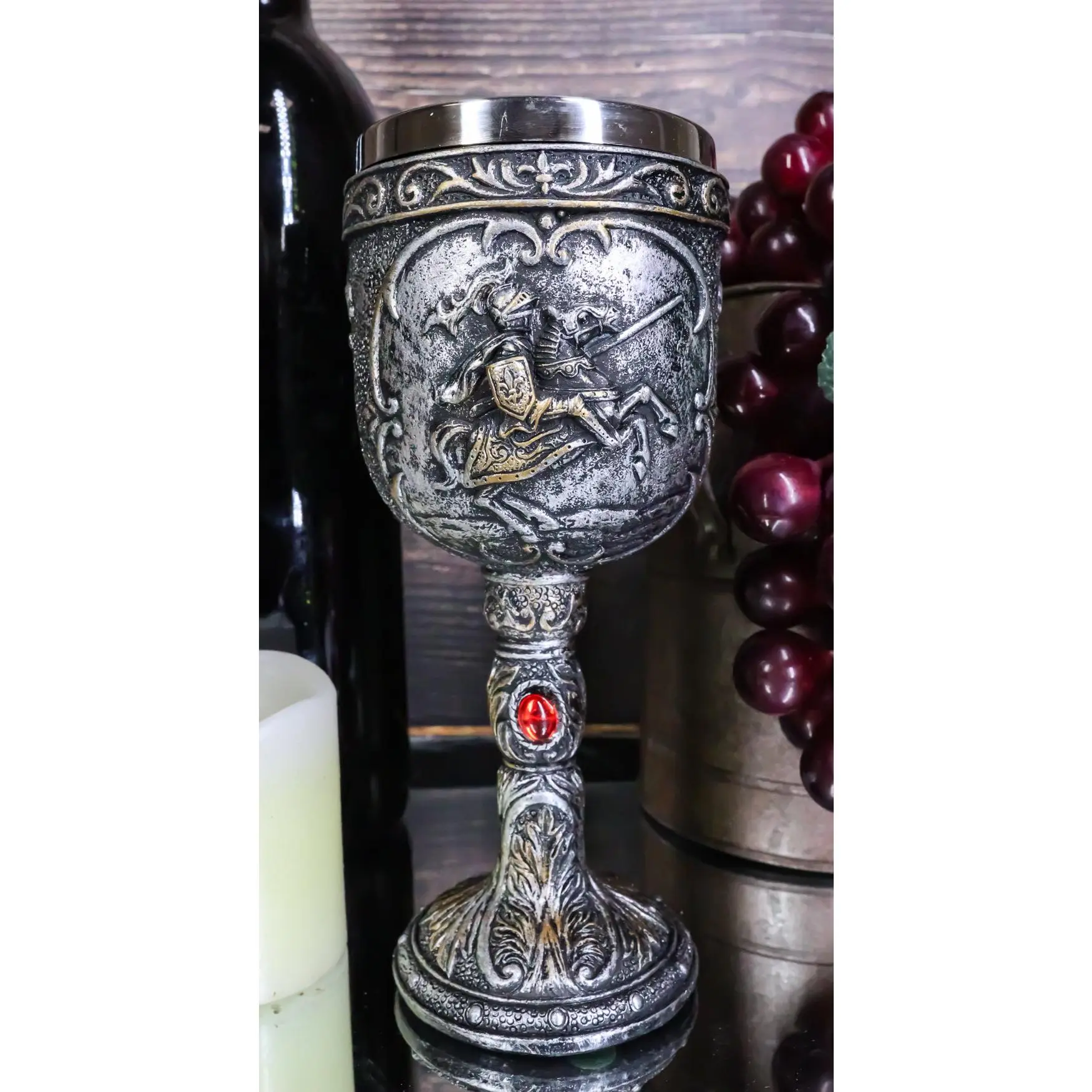 Medieval Knight of Chivalry on Charging Horse Steel Wine Goblet - Royal Beverage Chalice with Leaf Accent