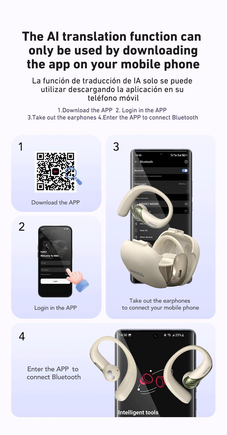 Miniso MS200-AI Translation Earphones, Bluetooth 6.0, high-fidelity wireless earphones, IPX5 waterproof rating, noise-canceling microphone, stereo in-ear headphones, built-in microphone