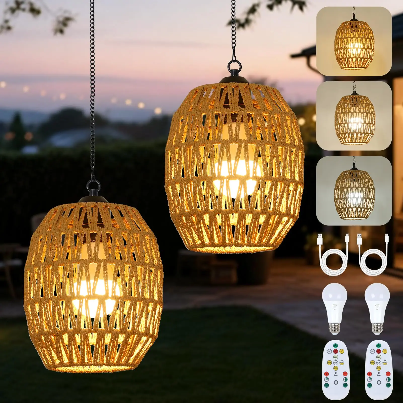 2-Pack Battery Operated Outdoor Chandelier For Gazebo, Boho Rechargeable Chandelier For Porch With Remote, Battery Powered Pendant Light Set of 2, Cordless Hanging Light For Indoor Outdoor Patio garden lighting