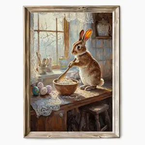 Printable Easter Bunny Wall Art Kitchen, Storybook Oil Painting Digital Download, Rustic Spring Art for Home, Nursery, Farmhouse, Cottage