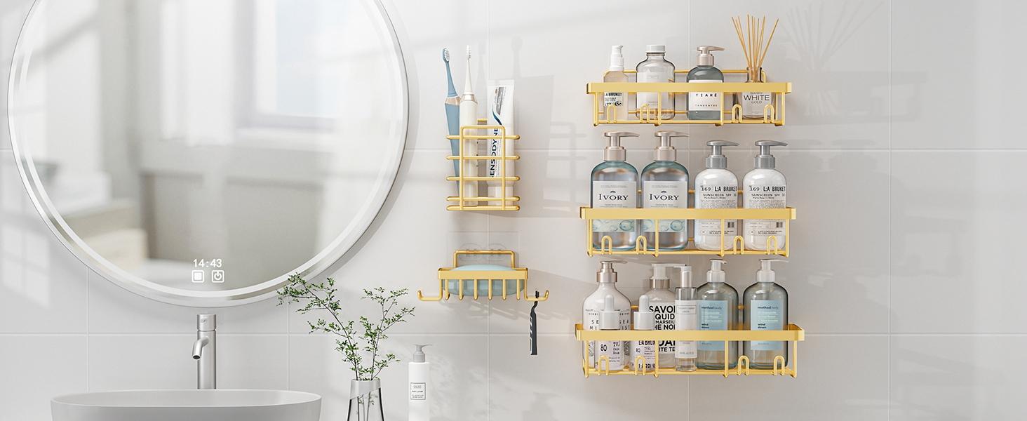 2026 Easter Gift  | Bathroom Accessories 5-Pack, Rust-Proof &Waterproof Shower Rack, No Drilling Stick-On StorageRack with Toothbrush & Soap Holder, Large CapacityMinimalist Design