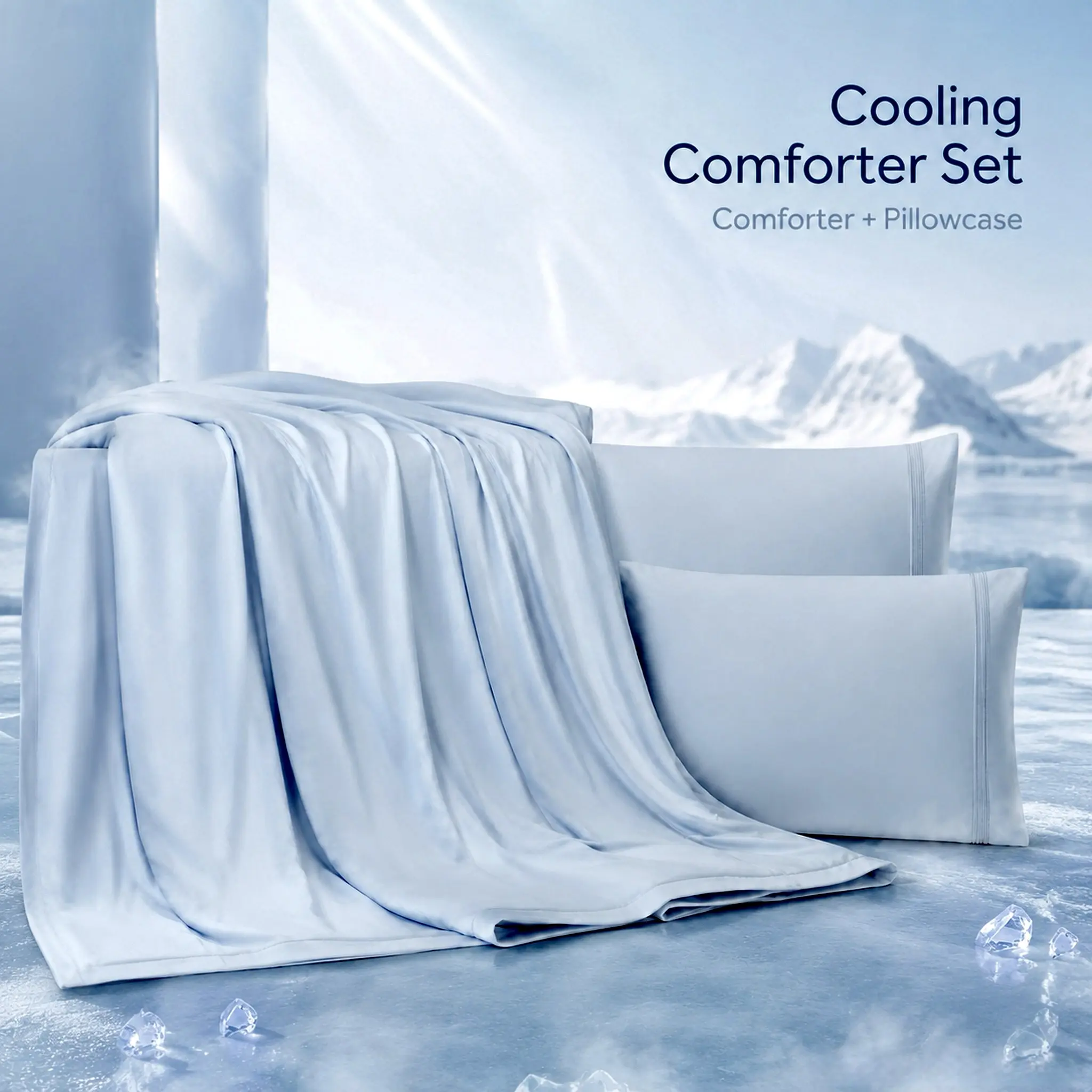 3pcs Queen Size Cooling Comforter Set - 90x90in Dark Blue Bedding with Double-Sided Cooling Blanket, Cooling Pillowcase, Breathable Fabric for Hot Sleepers, Instant Cooling for Hot Nights, Lightweight All-Season Use, Bed Comforter Set, Cooling Bedding