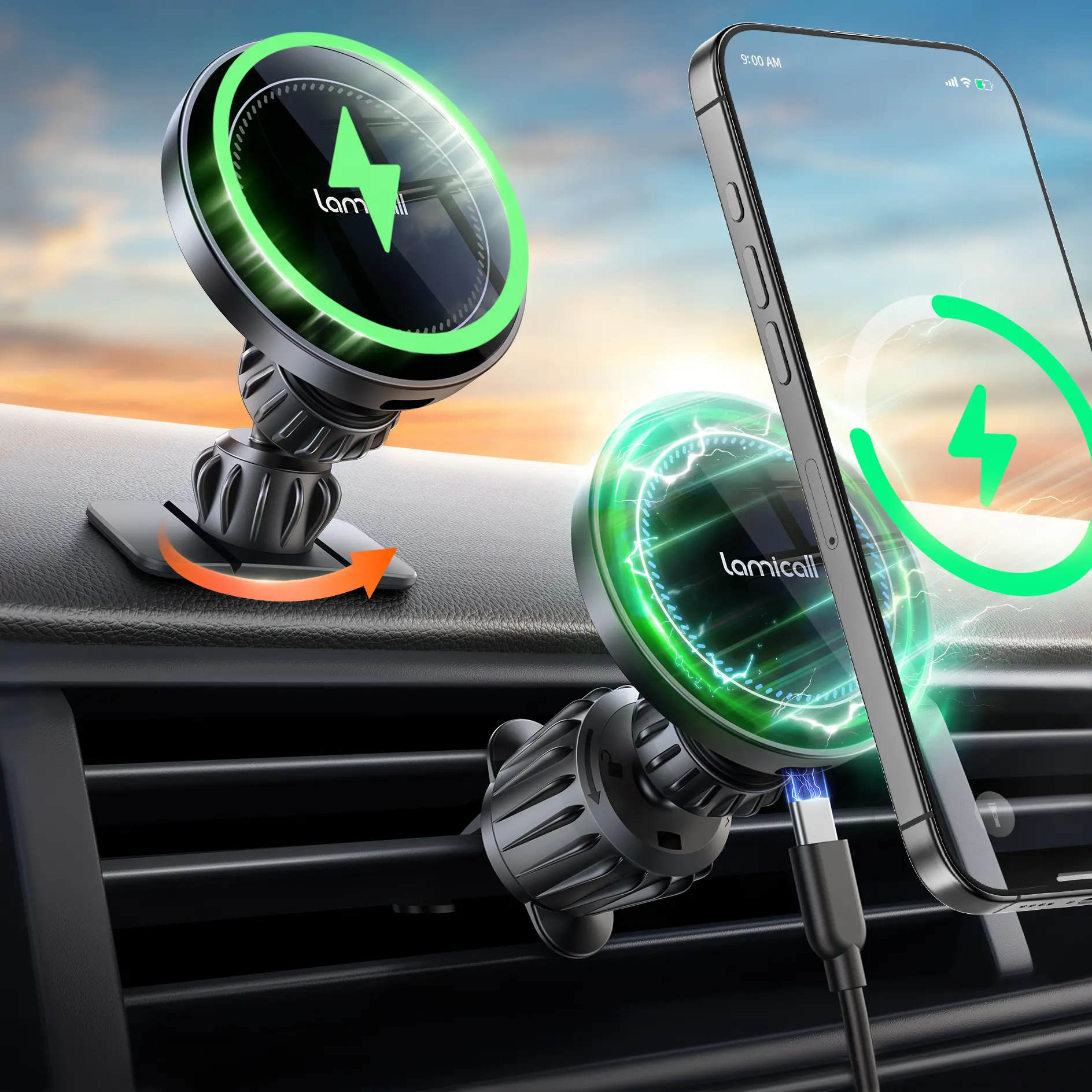 Lamicall Magnetic Wireless Charger Car Phone Holder - 360° Adjustable, Foldable, Powerful Suction, Stable Noiseless Car Interior Accessory with Dashboard Adhesive for iPhone 15 Pro Max, Android, Phone Accessories, iPhone Charger, Car Accessories, Vehicle