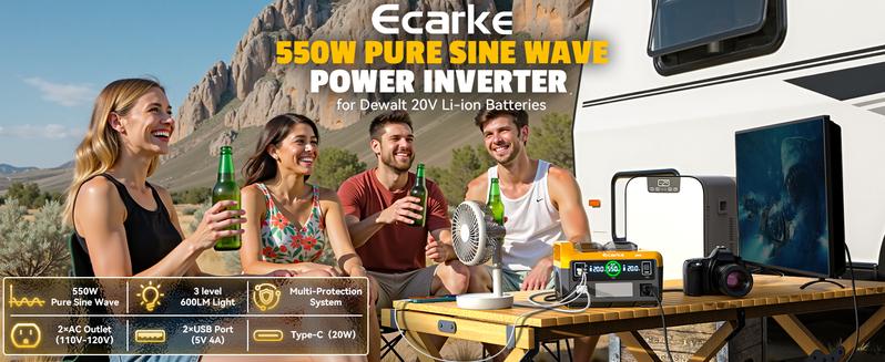 550W Power Inverter Compatible with Dewalt 20V Battery,【Battery NOT Included】, Power Station DC 18V to AC 110V Pure Sine Wave, Battery Power Adapter 2 USB-A & 1 Type-C & 2 AC Outlet, Generator Phone Charger LED Light Camping Emergency
