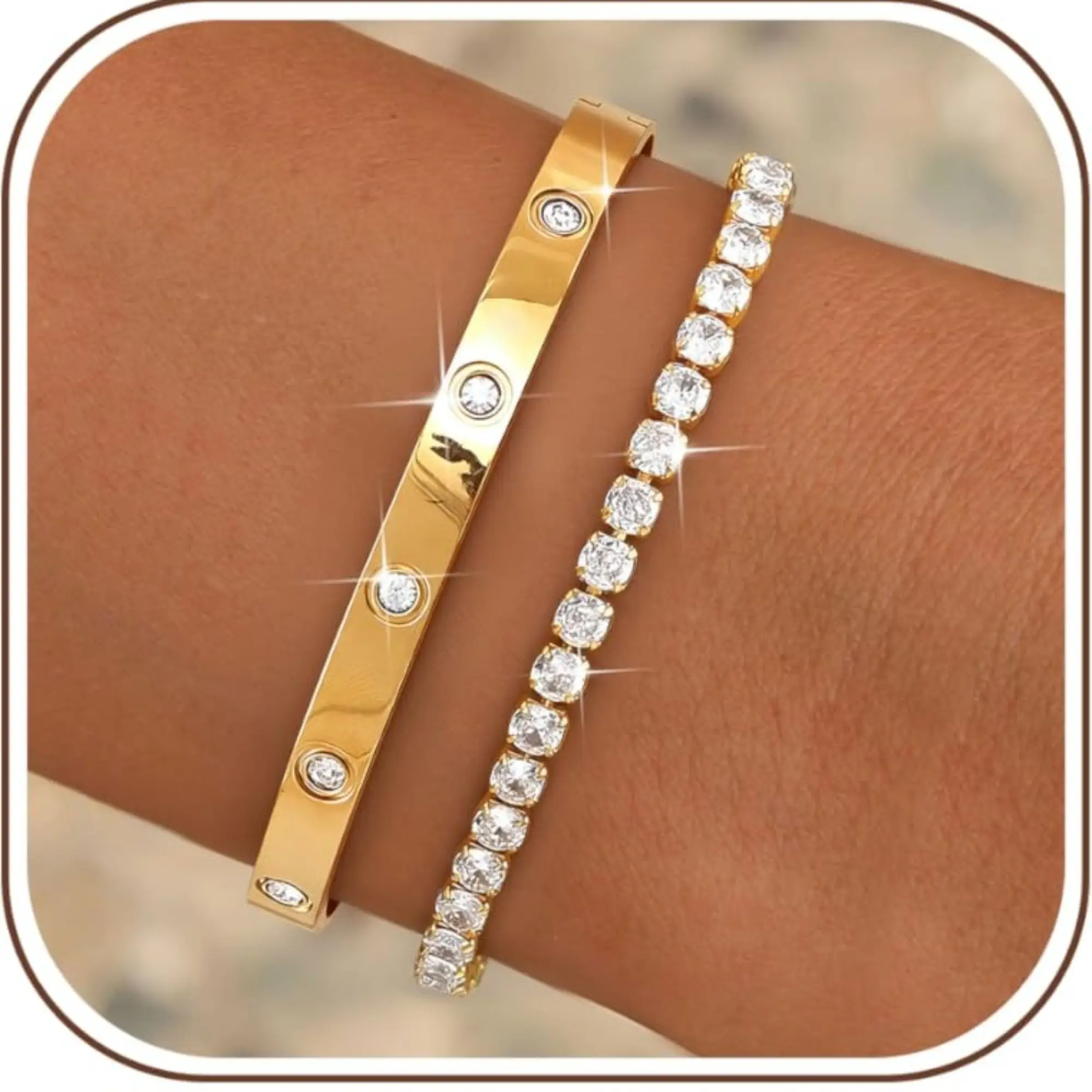 CASSIECA 14K Gold Bracelet Set for Women Stainless Steel Dainty Stacking Bangle Tennis Style Bracelet Stack Sparkling CZ Waterproof Bracelet Gift Accessories Gifts for Girlfriend Bracelets for Couples