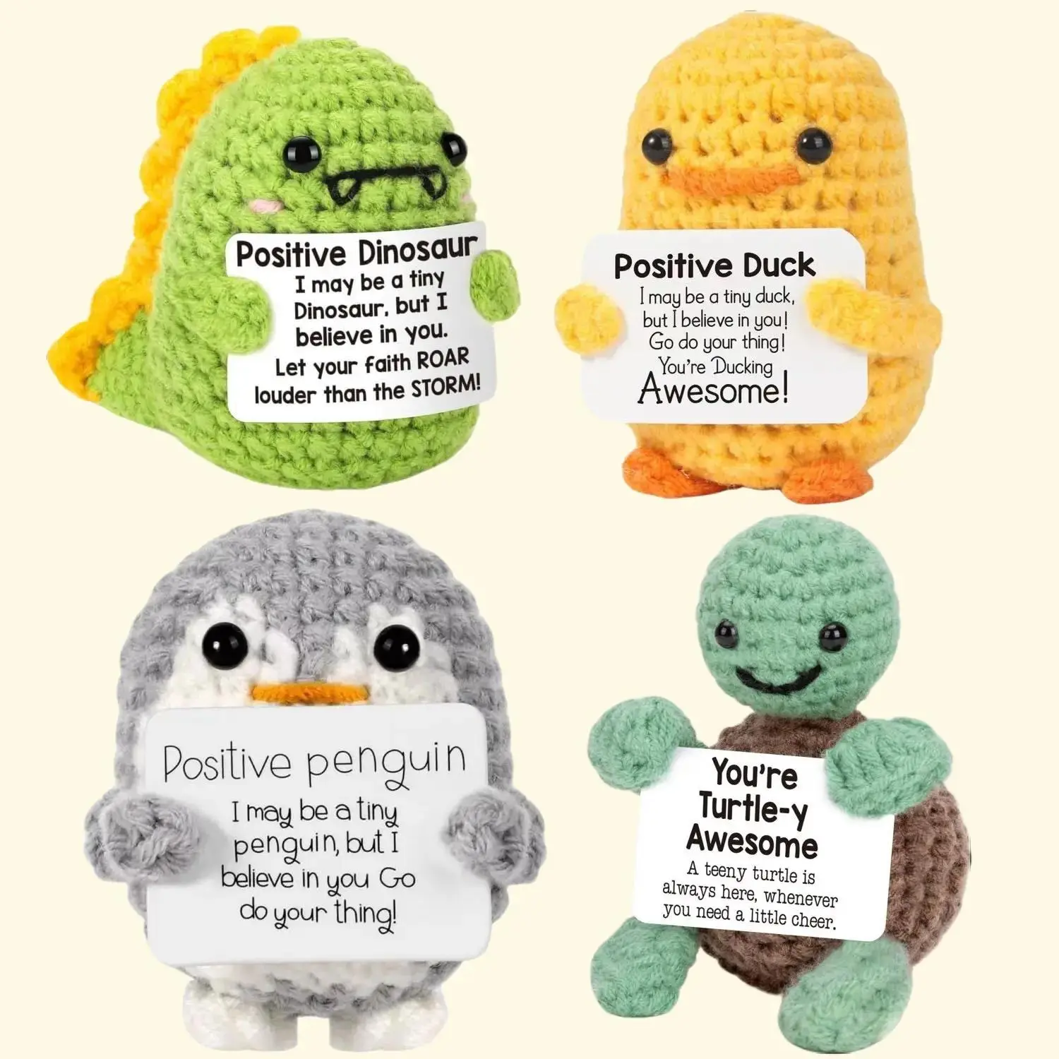 Mini Funny Positive Crochet Animals Gifts, Emotional Cheer Support Inspirational Gift for Women Men Friends Coworkers, Cute Turtle Duck Penguin Dinosaur Handmade Knitted Animal Soft Stuffed Doll for Decoration